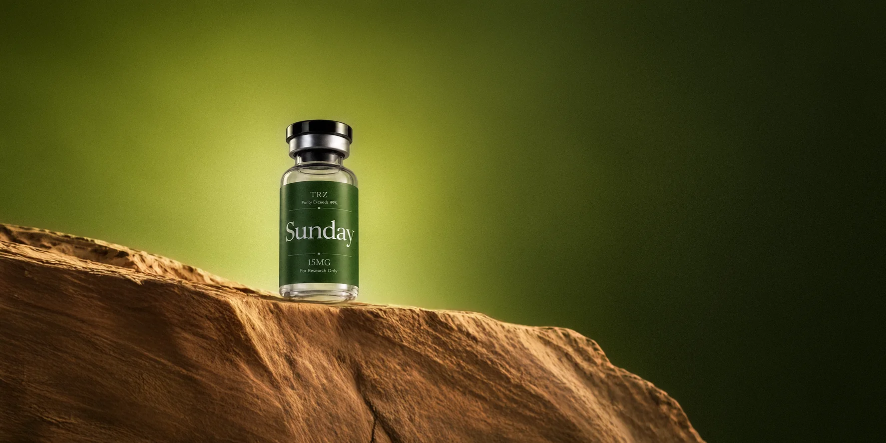 Sunday TRZ vial on a continuous stone ledge against an olive-green studio backdrop.