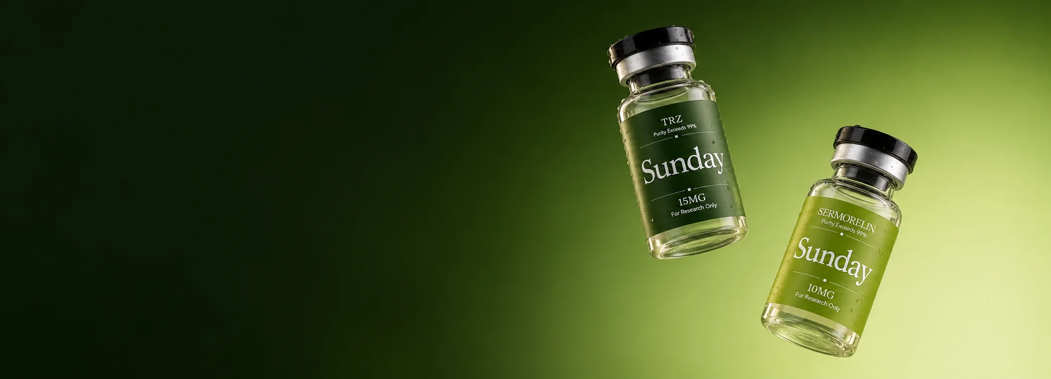 Sunday TRZ and Sermorelin research vials on a soft green gradient.