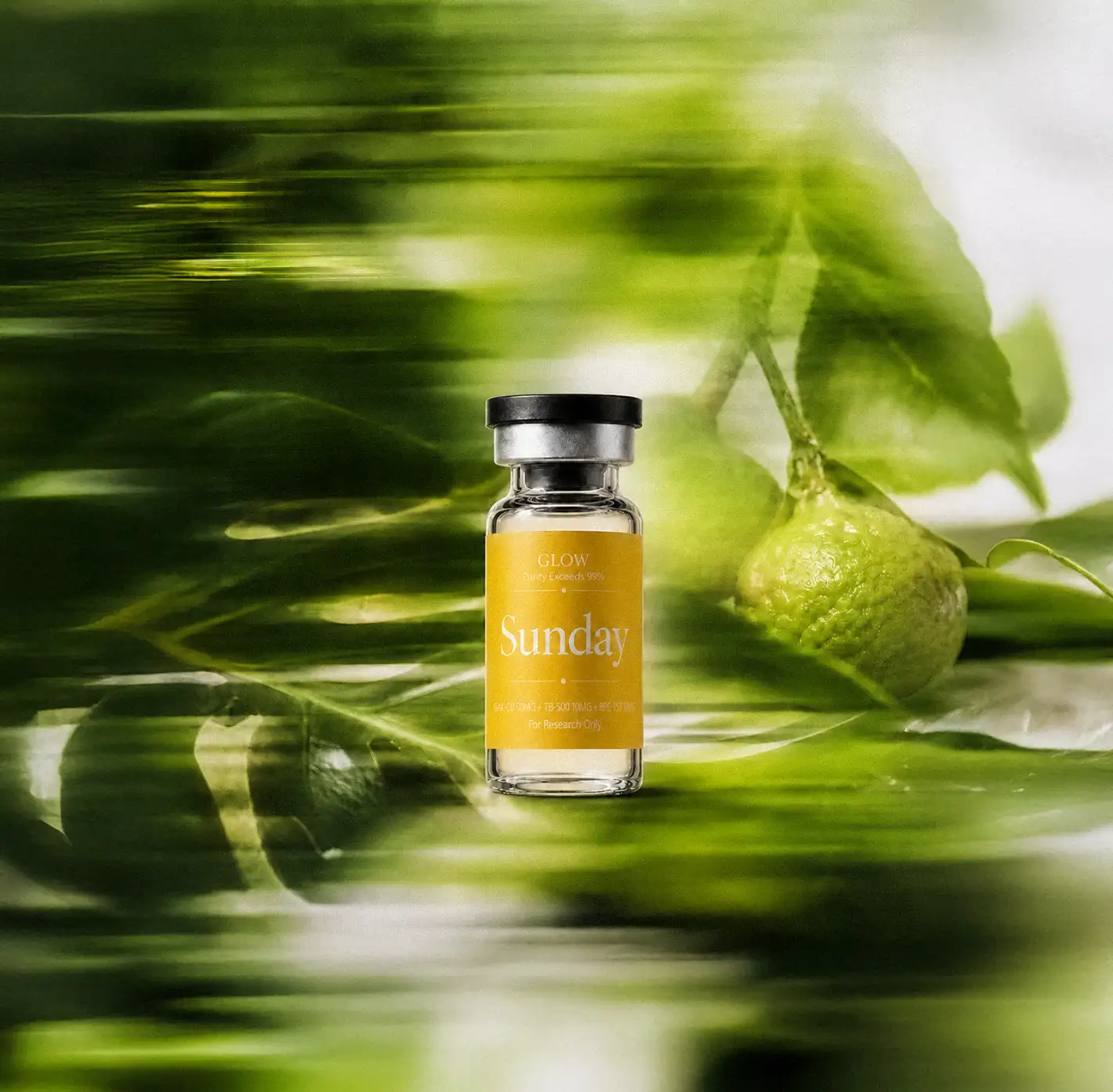 Sunday GLOW vial in a green botanical setting